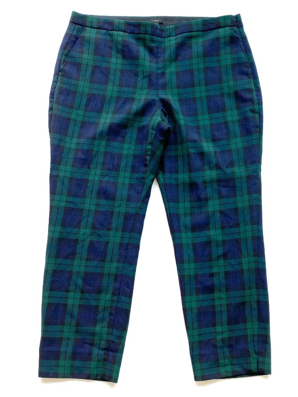 J.Crew Black Watch Plaid Wool Blend Side Zip Ankle Pants Green Navy 14
